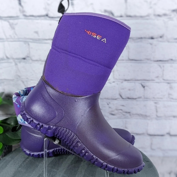 Wet weather rubber boots, rain, gardening, neoprene roll down purple floral 10 - Picture 5 of 15